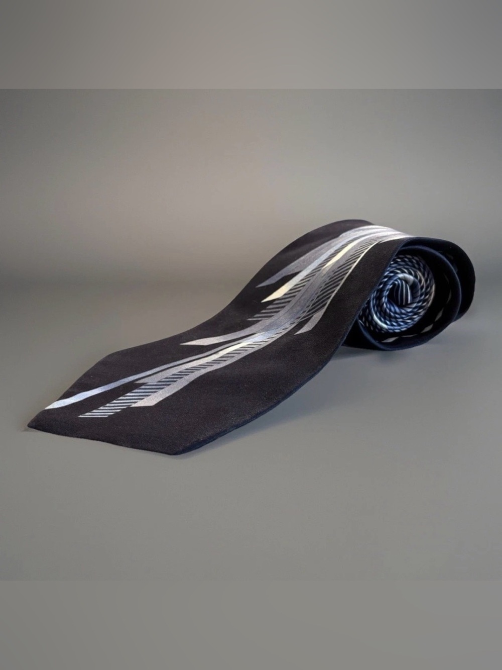 Vintage Vitaliano Pancaldi Men Silk Tie Blue Black Silver Geometric Panel Italy